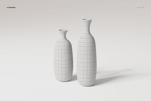 Front view of two clear glass vases with a tall, rounded shape, shown in a minimalist scene with grid texture mapping.