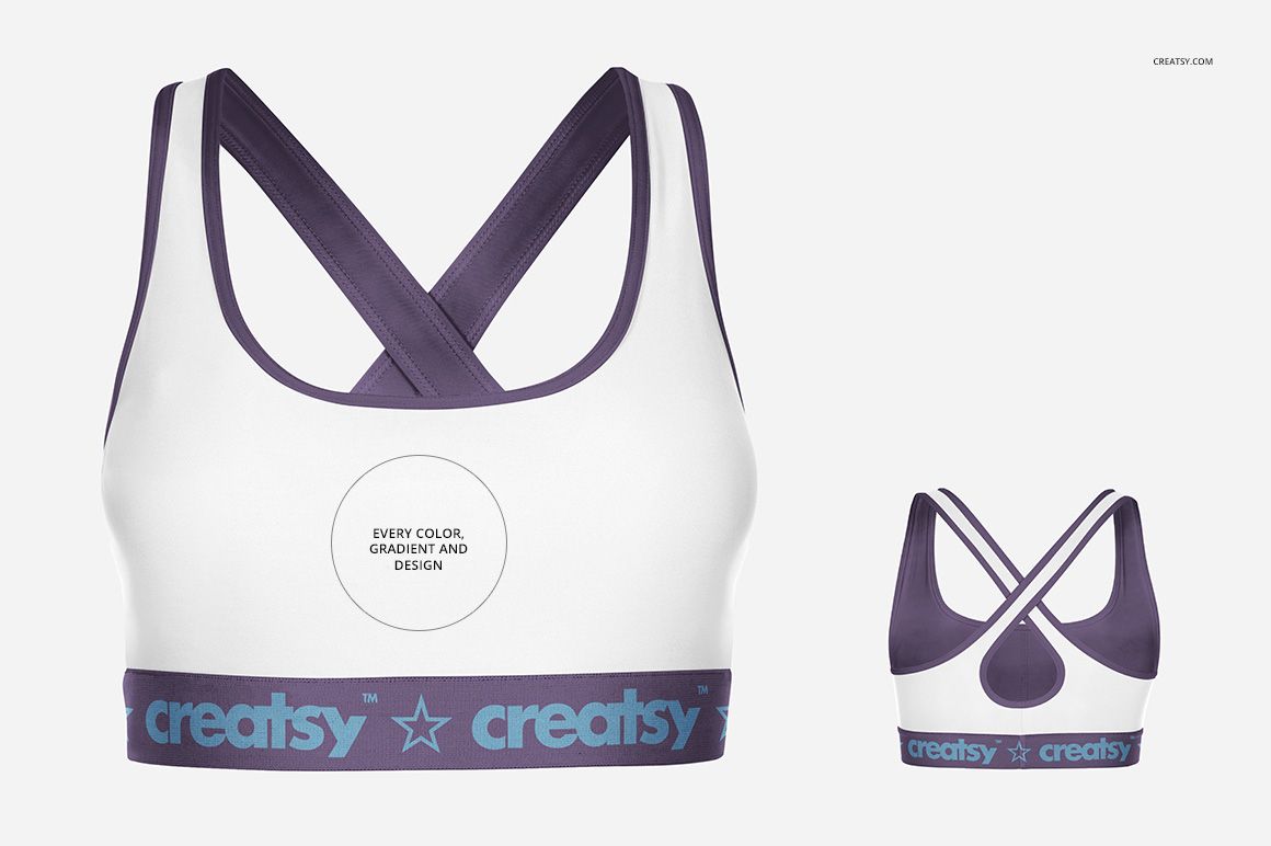 PSD mockup of a sport bra showing both front and back angles, featuring white fabric and purple accents.