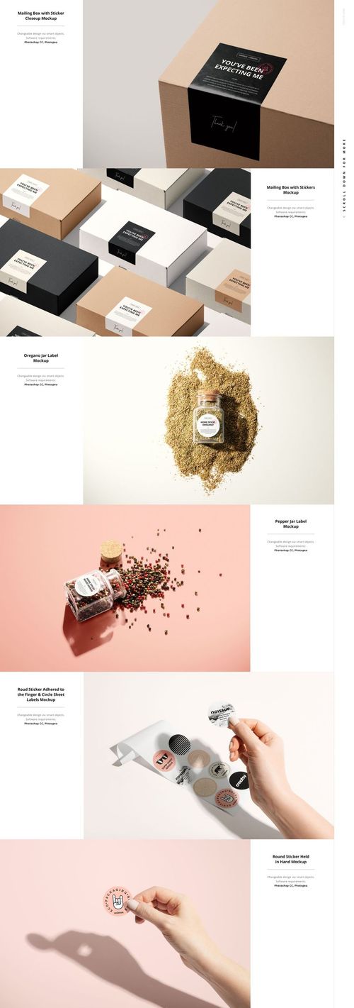 Various sticker mockups displayed on packaging boxes, jars, and containers, shown in bright, minimalist settings.