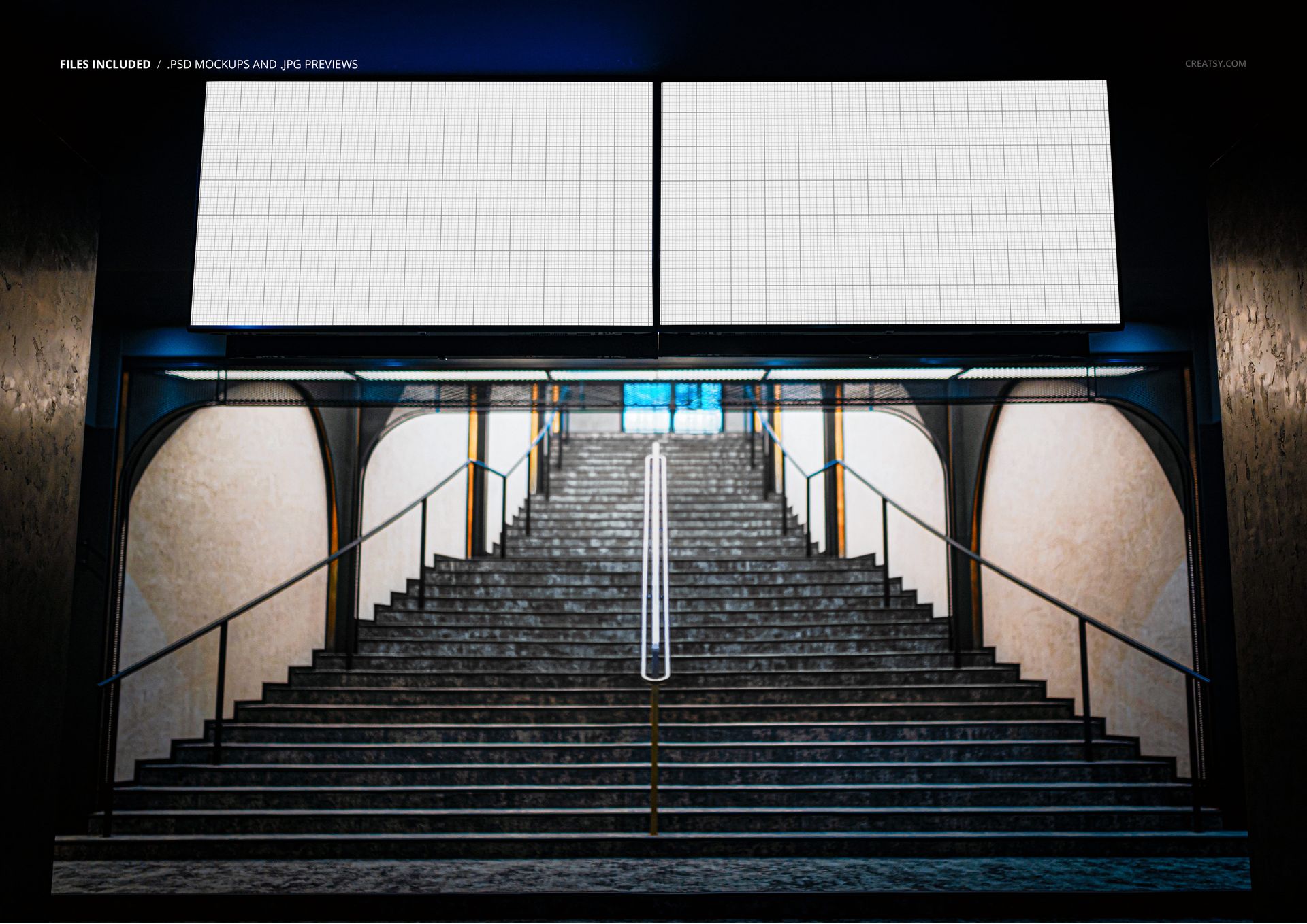 Large illuminated subway billboard mockup above a staircase, featuring grid placeholders and moody lighting.