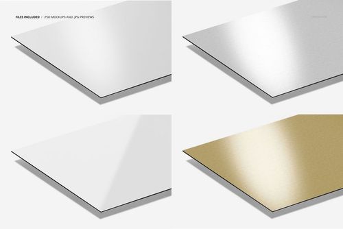 Close-up view of four rectangular Dibond aluminum print mockups, each showing different surface colors and finishes.