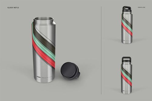 Insulated stainless steel tumbler mockup set featuring three bottles with colorful diagonal stripes on a gray background.