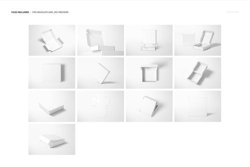 Set of white mailing box mockups displayed in various open and closed positions on a plain light background.