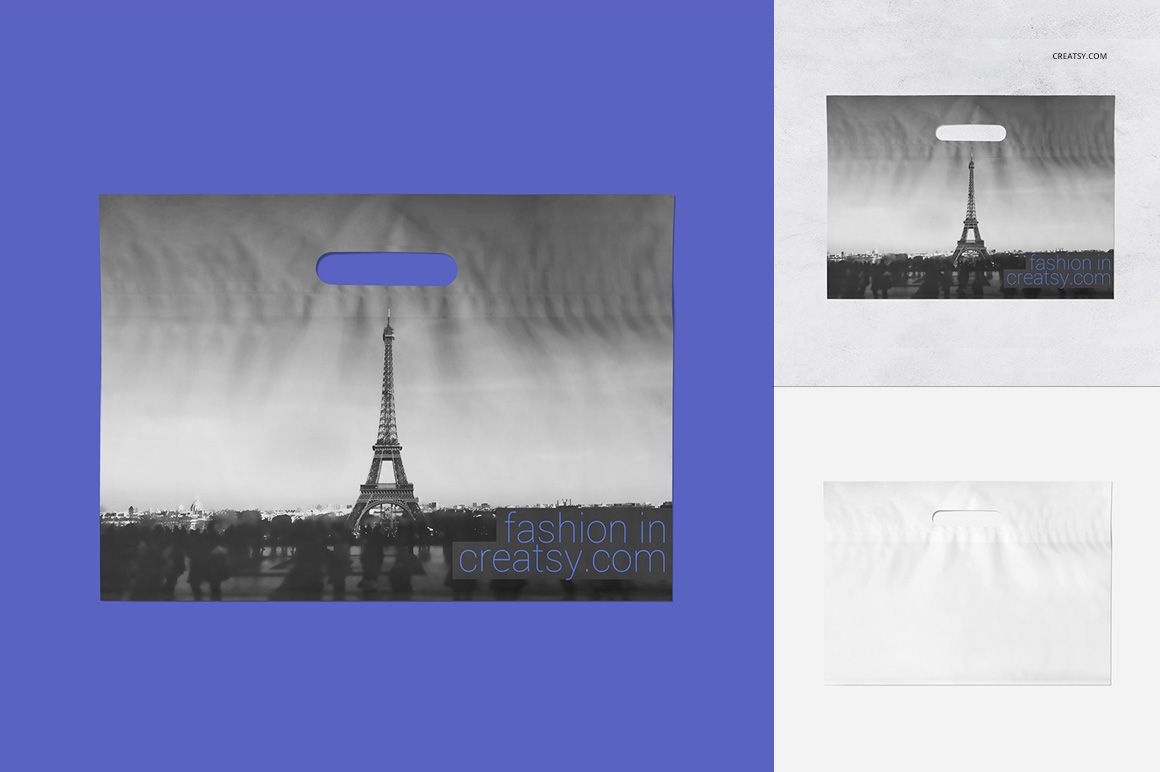 Plastic bag mockup featuring a front view of a rectangular bag with a die-cut handle and grayscale cityscape design.