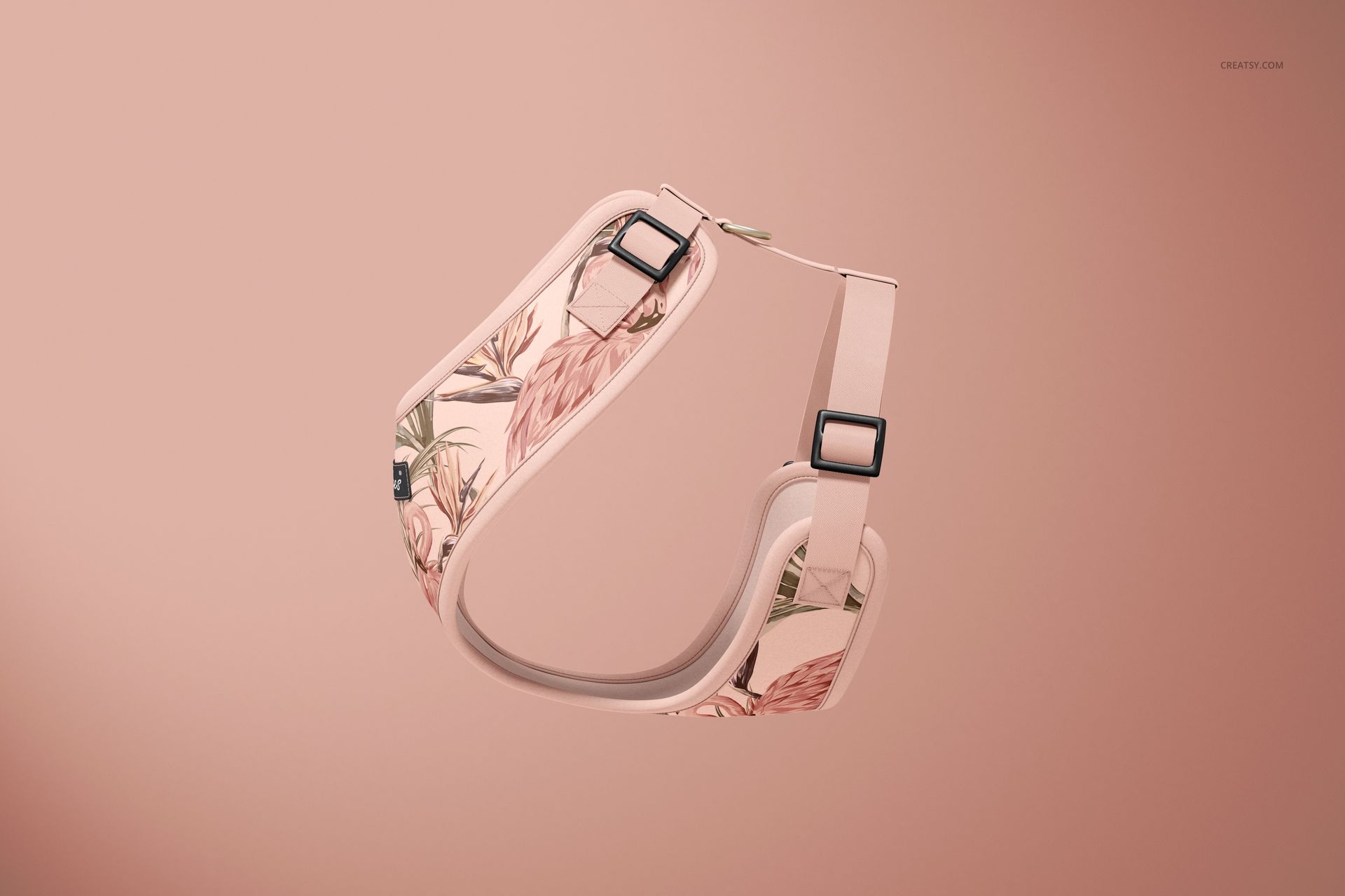 PSD mockup of a dog harness featuring pastel pink tones and botanical design, displayed on a plain pink backdrop.