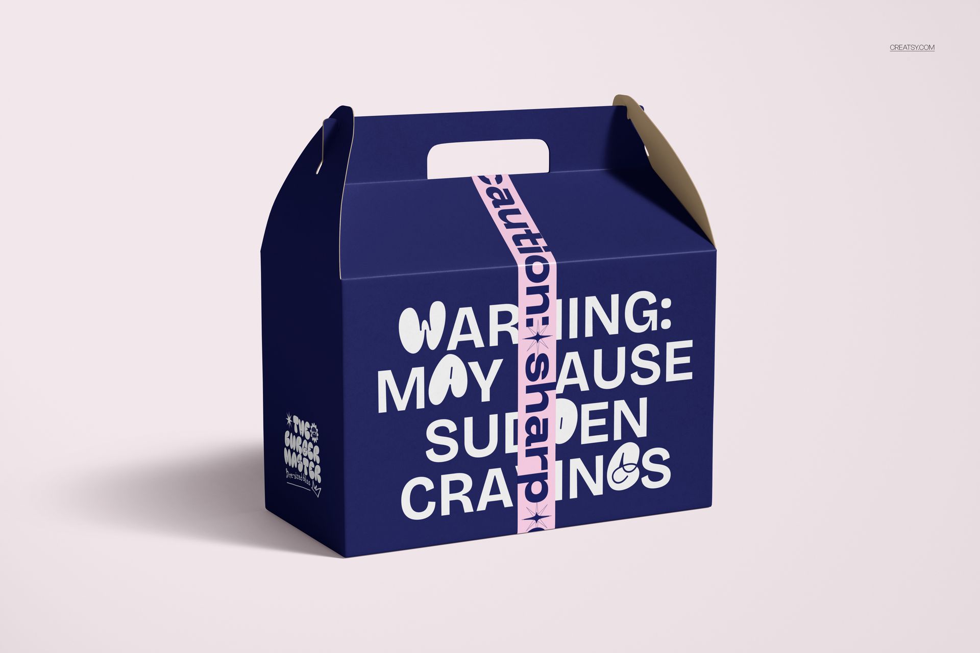 PSD mockup showing a blue box with white text, sealed with pink duct tape printed with black caution and sharp warning details.