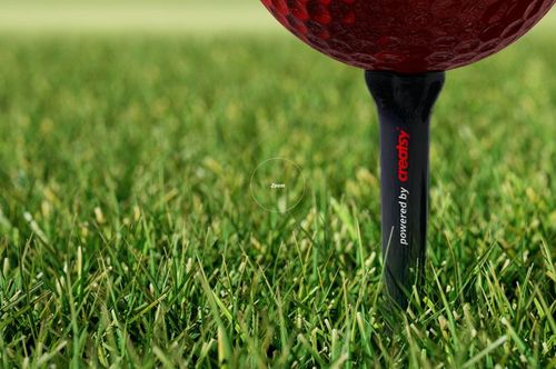 Detailed mockup showing a textured red golf ball on a black tee, positioned in vibrant green grass from a low angle.
