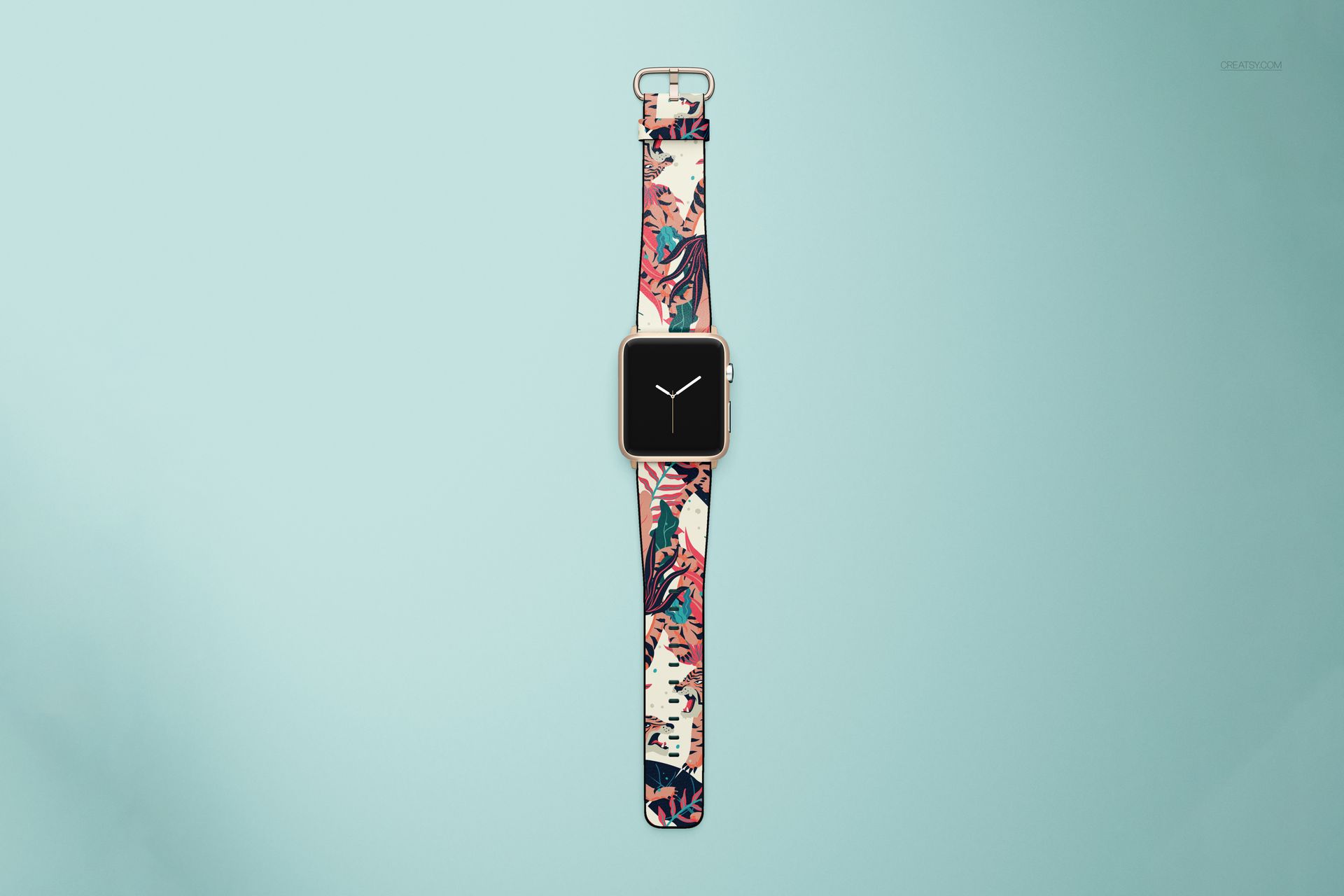 Front view of an Apple Watch leather band mockup with a vibrant multicolored design, set on a pale blue backdrop.