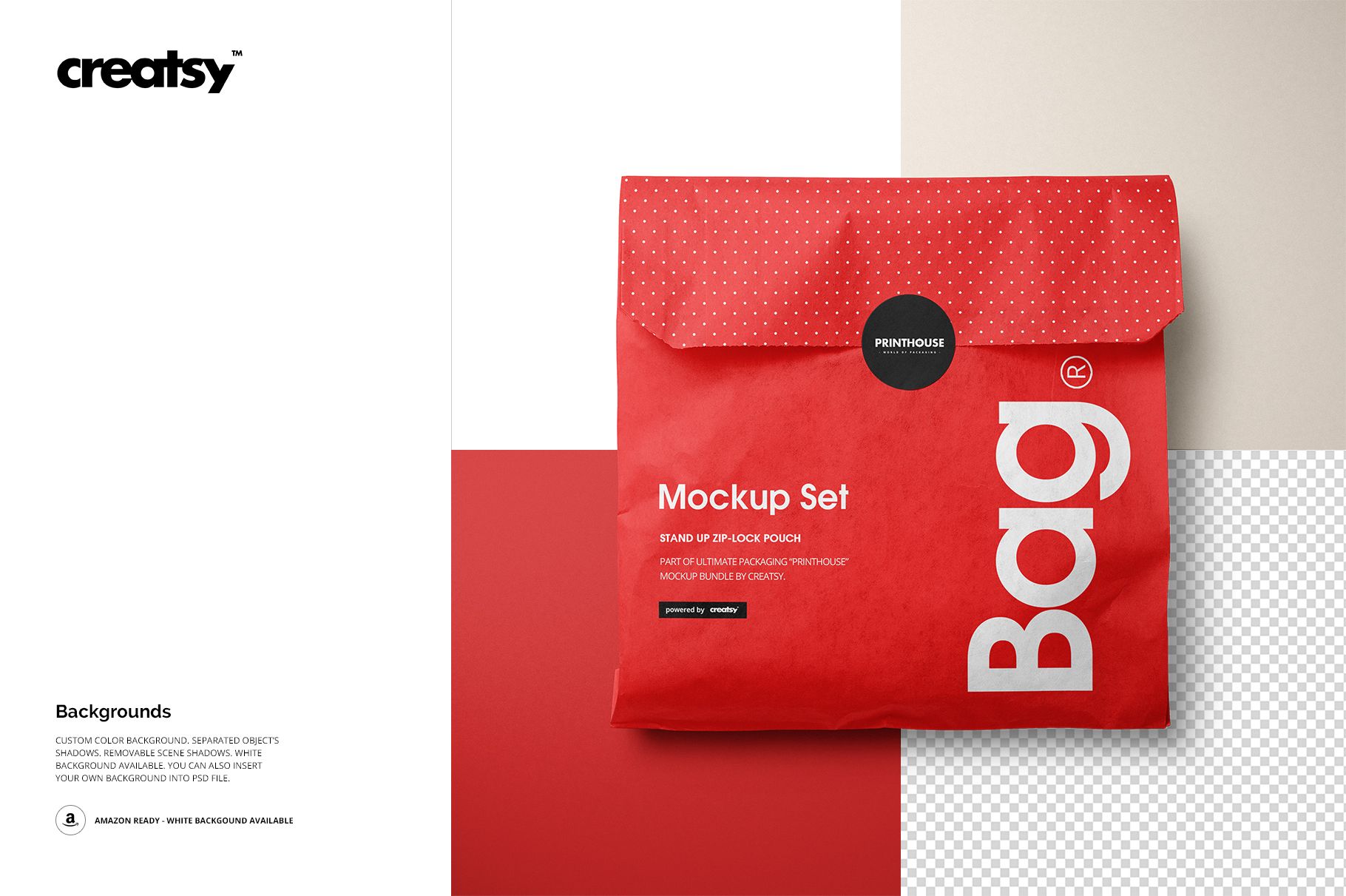 Red paper snack bag mockup shown from above, featuring a polka dot flap and a circular sealing sticker on a geometric background.