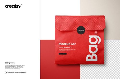 Red paper snack bag mockup shown from above, featuring a polka dot flap and a circular sealing sticker on a geometric background.