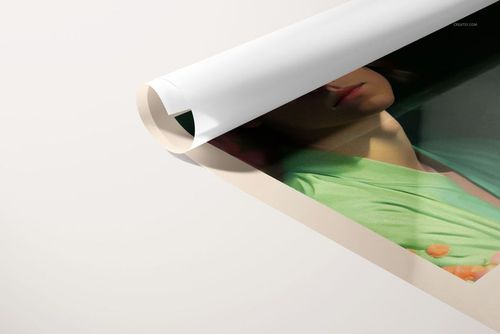 Front angled view of a glossy poster mockup with a rolled edge, showing a portrait in green tones on a white background.