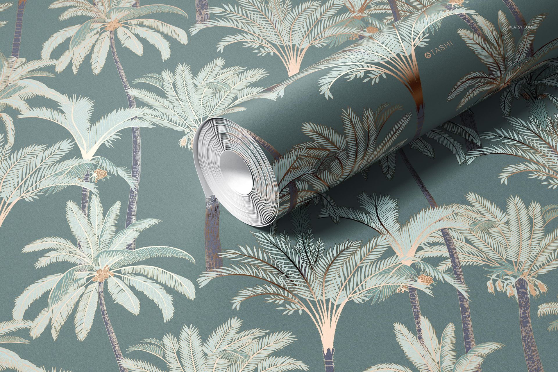 PSD mockup of tropical palm tree design on paper wallpaper, with the roll placed over matching background.