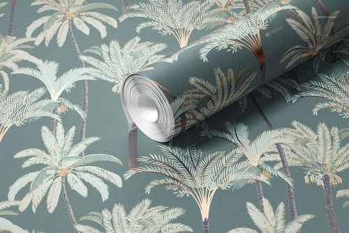 PSD mockup of tropical palm tree design on paper wallpaper, with the roll placed over matching background.