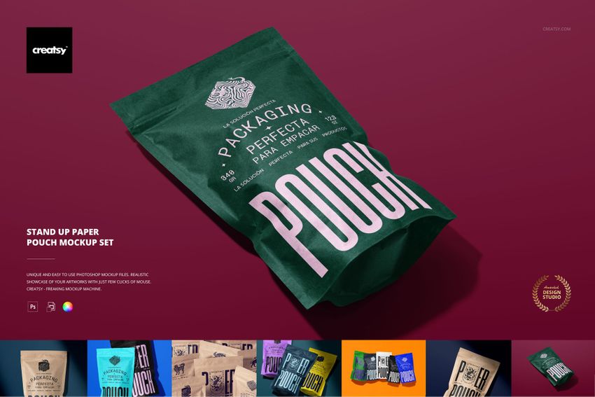 Front view of a green stand up paper pouch with white text, displayed on a burgundy background alongside other pouch mockups.