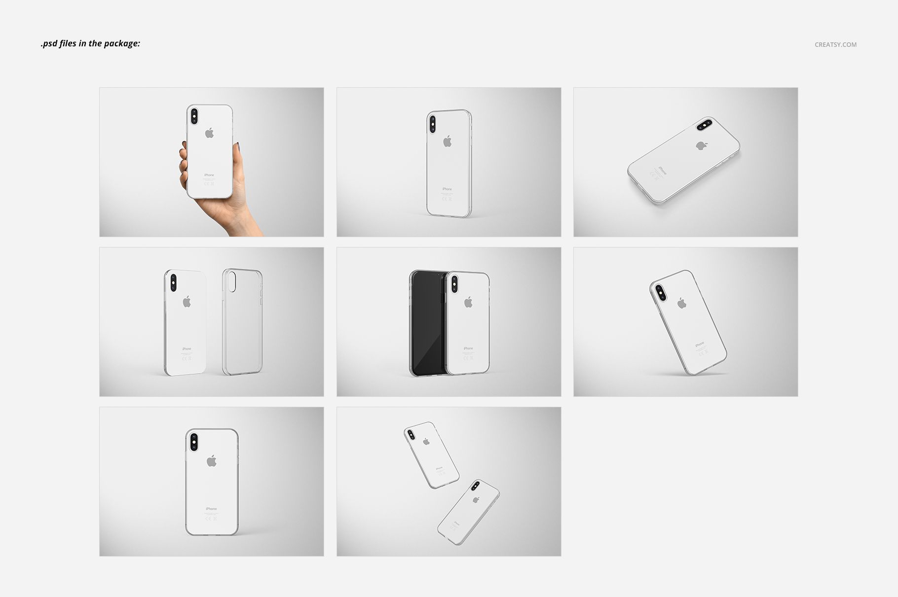 Set of iPhone XS clear case mockups showing transparent cases on phones in various angles and perspectives.