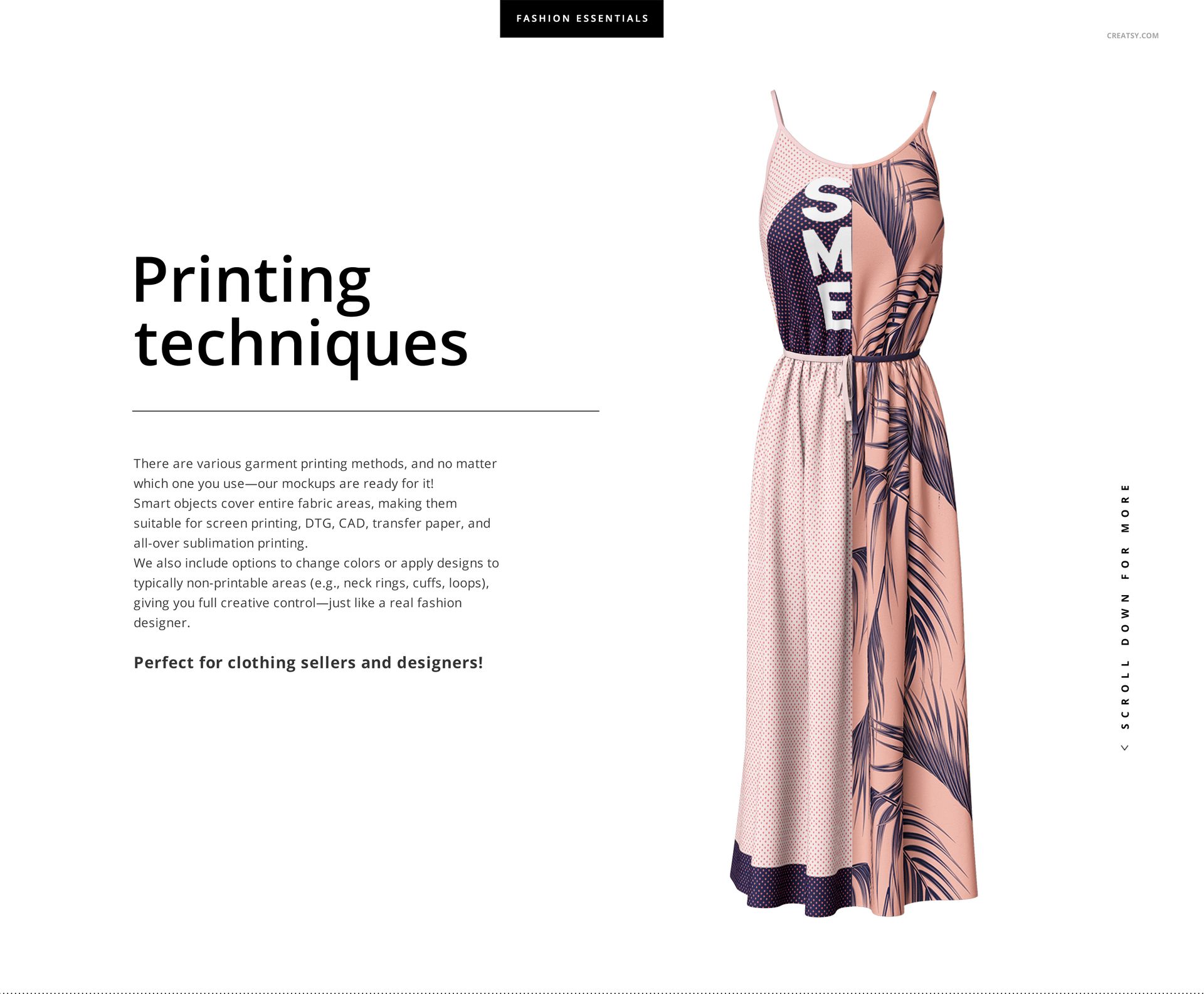 Long wavy dress mockup with a sleeveless design, featuring a pink and navy leaf pattern, displayed front view.