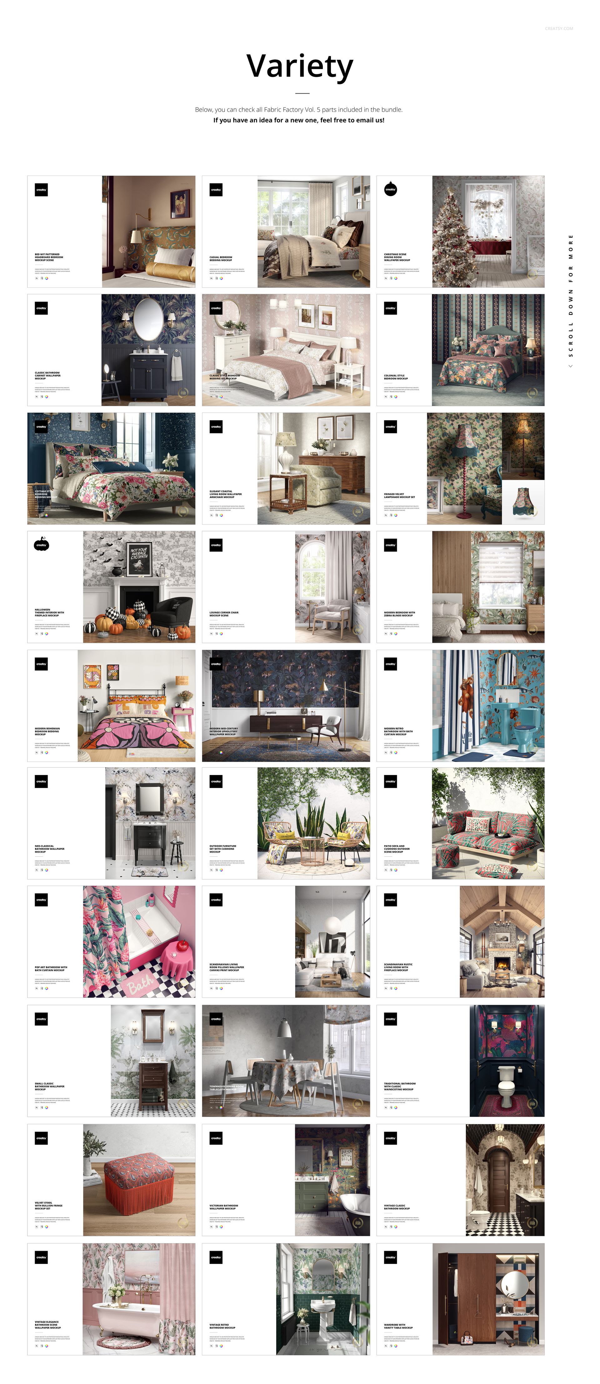 Grid of home interior scenes featuring various fabric mockups, including bedding, cushions, curtains, and tablecloths in different colors and patterns.