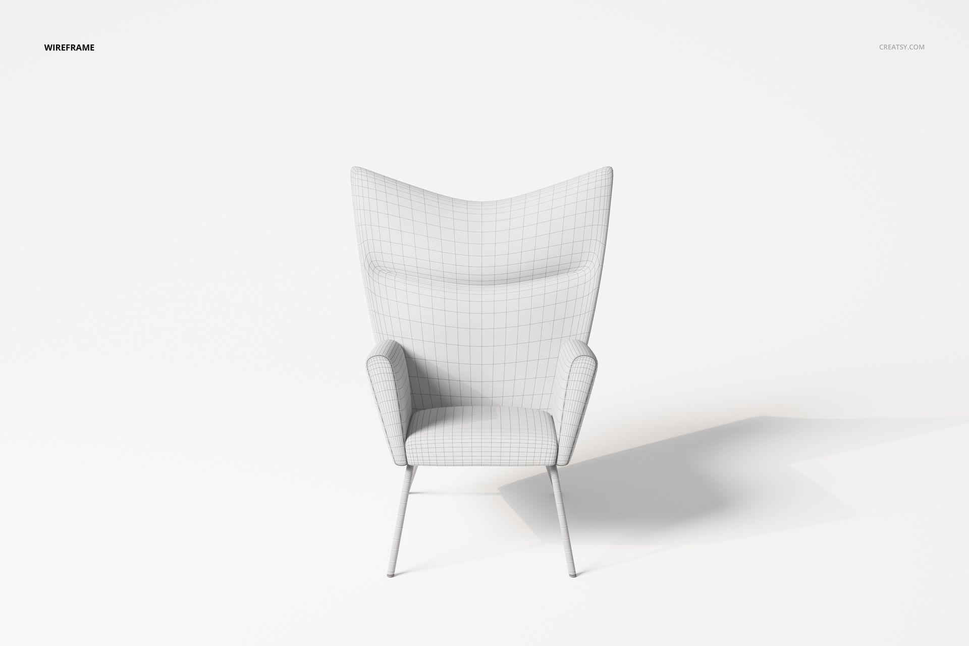 Front view of a modern Ushak armchair 3D model in wireframe style, featuring light gray grid lines on a white background.