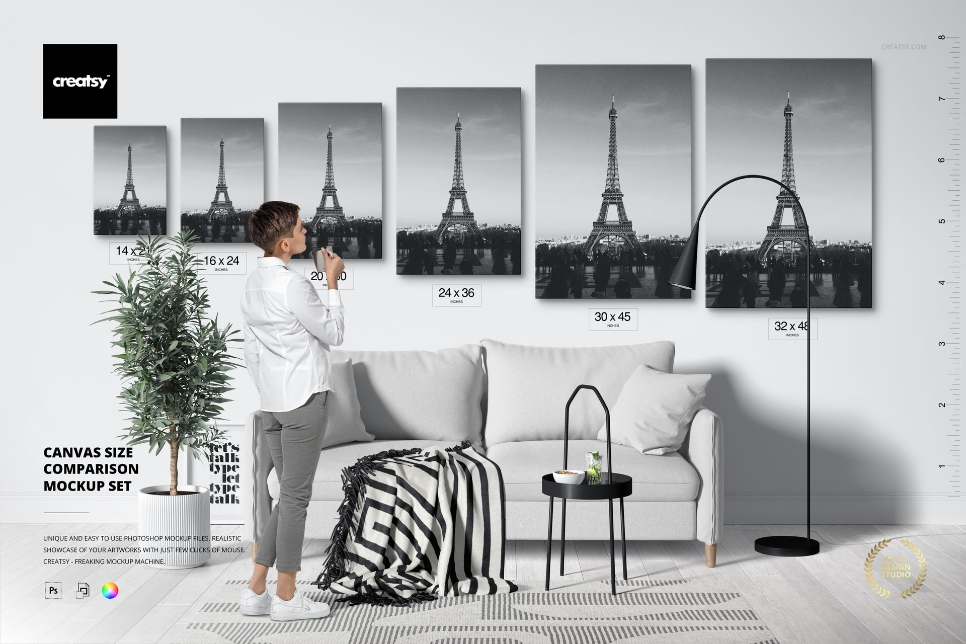 Canvas print size comparison mockup showing monochrome Eiffel Tower artwork in six different dimensions above a sofa.