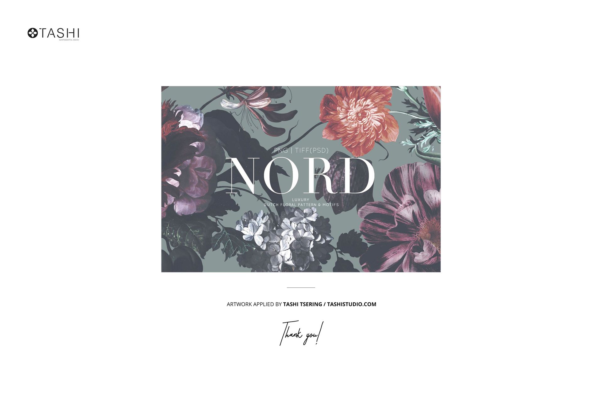 Front view of a wallpaper mockup featuring large floral patterns in muted red, purple, and white tones on a gray background.