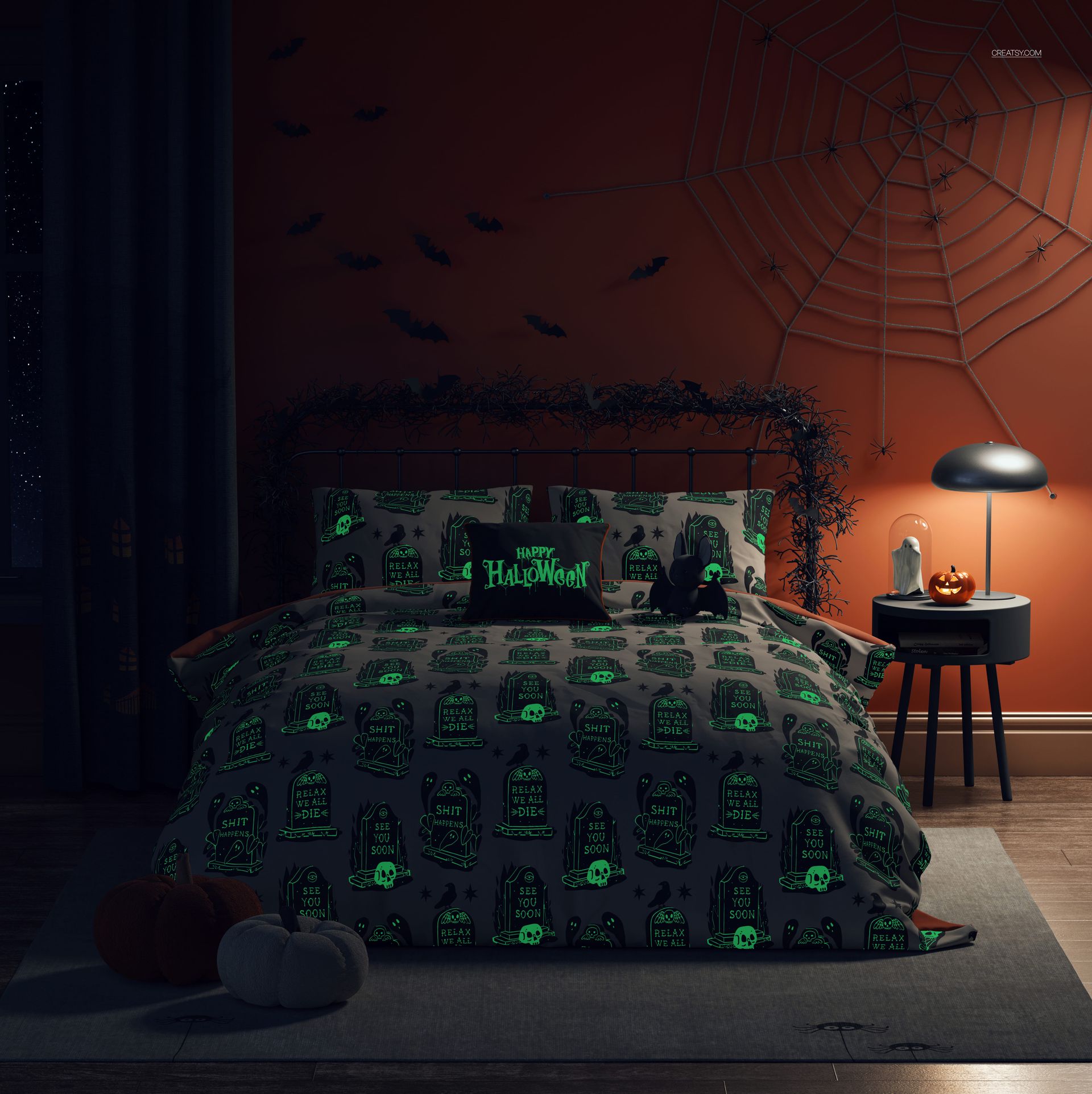 Glow in the Dark Halloween Duvet Cover Set Bedroom Mockup - mockup screenshot 5