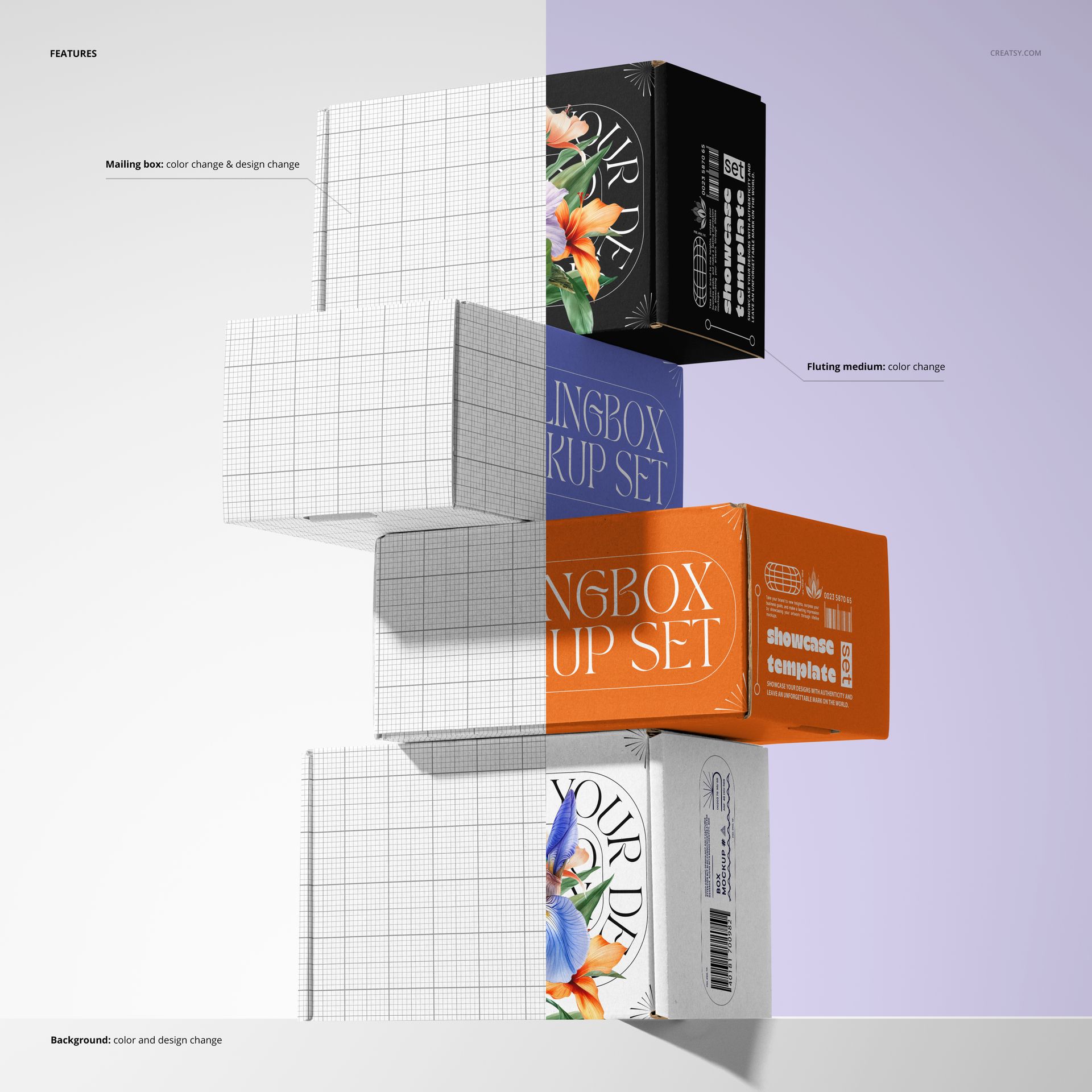 PSD mockup of mailing boxes stacked together, displaying different patterns and hues with a half-grid background.