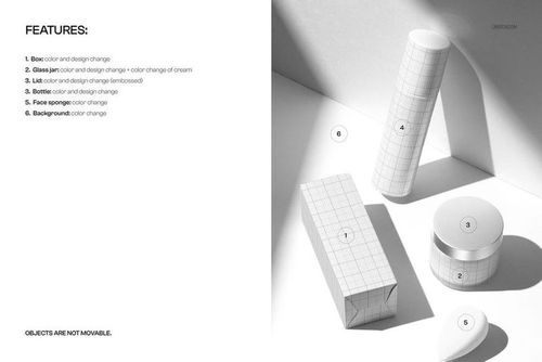 Cosmetic packaging set mockup featuring a bottle, cream jar, and product box in a bright studio setting.