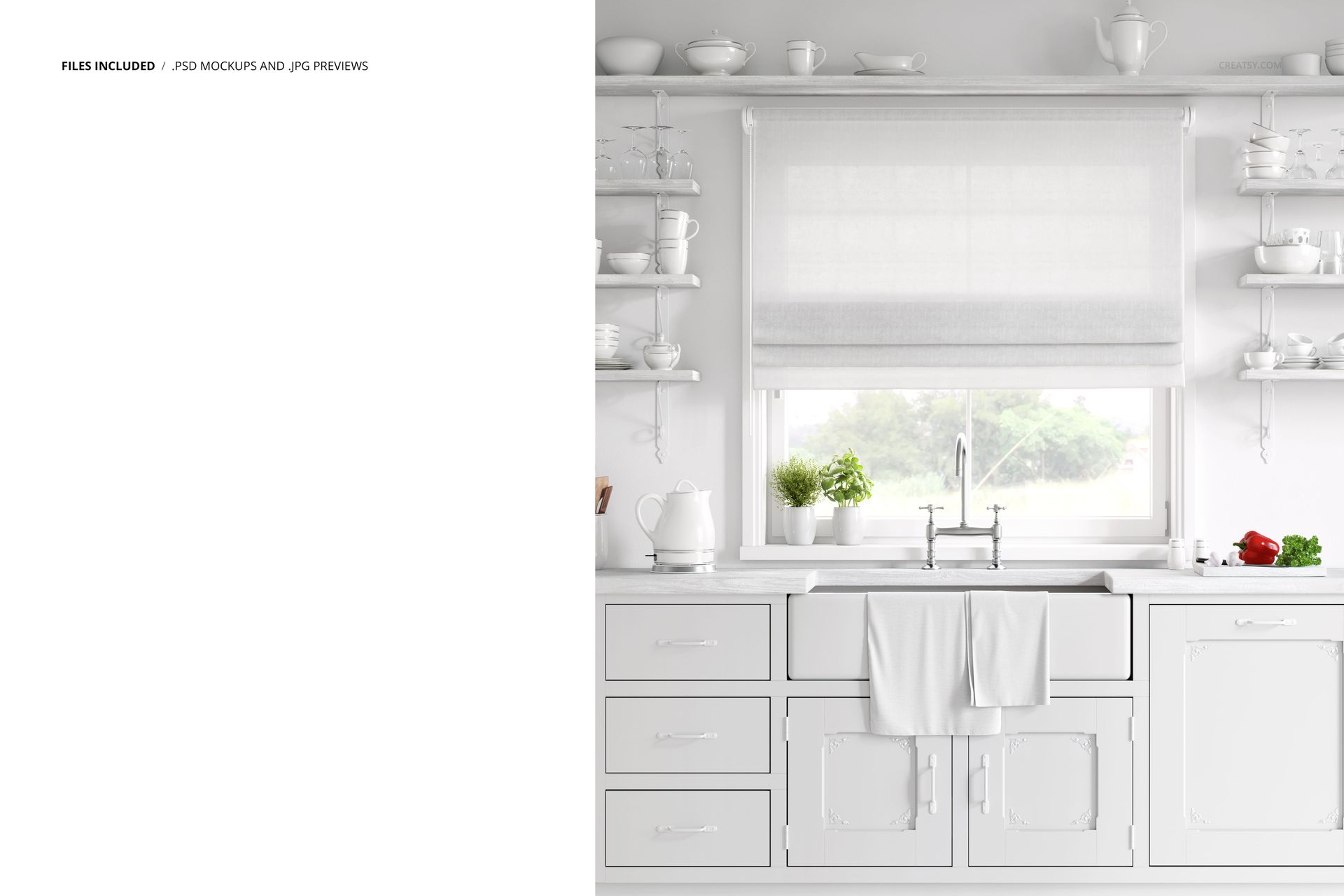 Front view of a Provence style kitchen mockup with white cabinets, shelves, and window, decorated with white dishes.