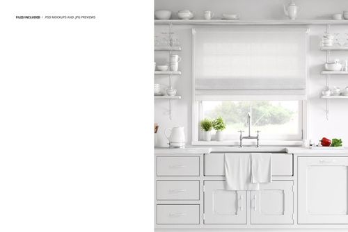Front view of a Provence style kitchen mockup with white cabinets, shelves, and window, decorated with white dishes.