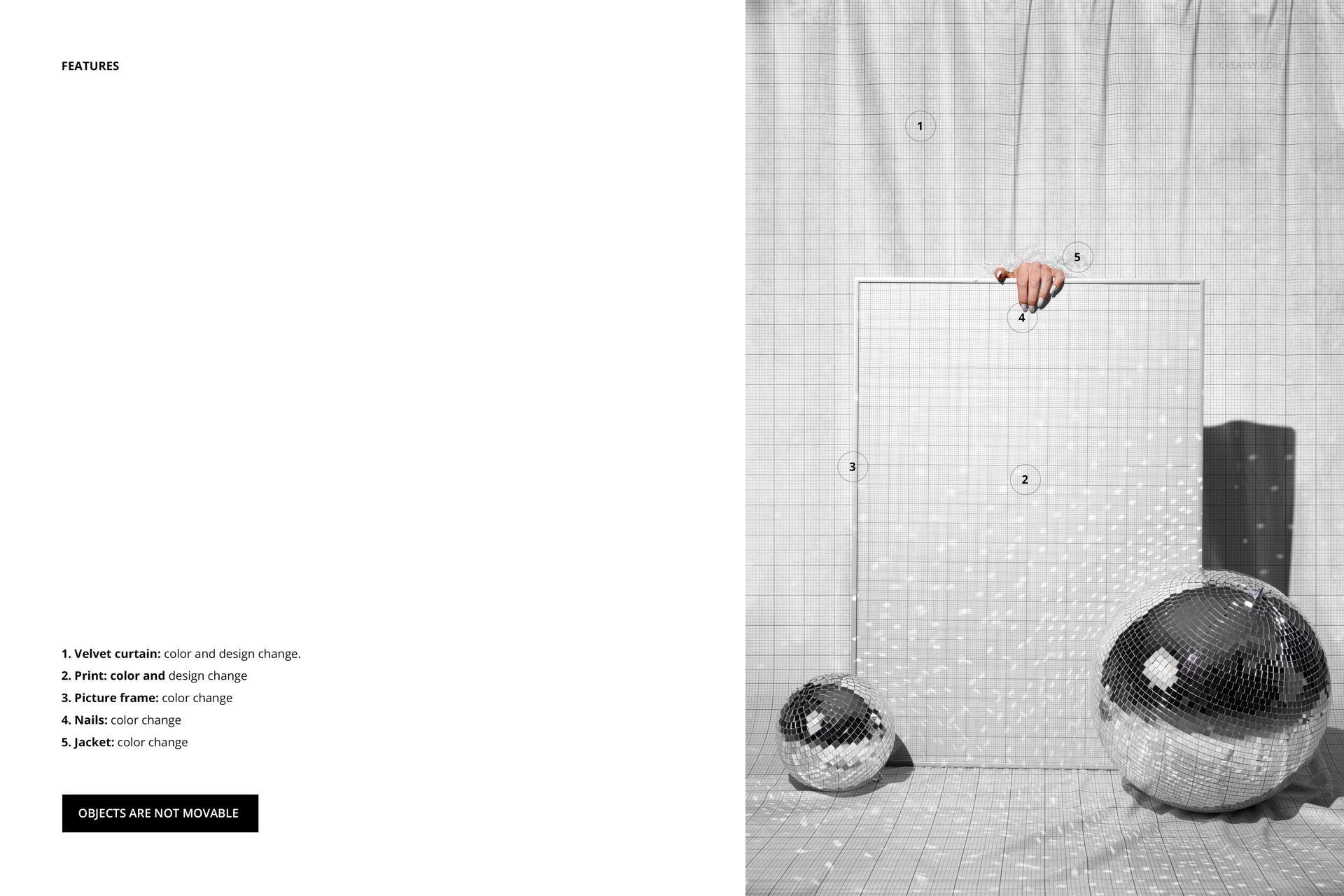 Front view of a square picture frame mockup with a disco party theme, set against a white curtain and surrounded by disco balls.