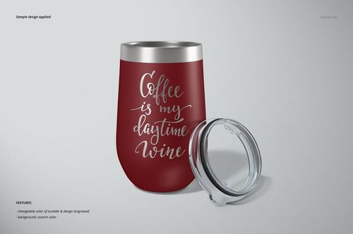 Stemless wine cup mockup with a matte burgundy finish, silver rim, and transparent lid shown on a light background.
