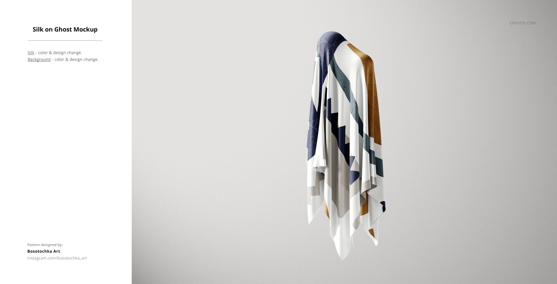 Silk fabric mockup displayed on a simple stand, showing bold geometric stripe pattern in neutral and blue tones.