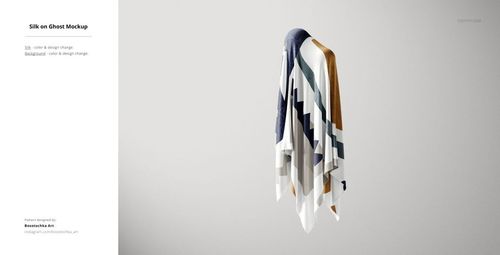 Silk fabric mockup displayed on a simple stand, showing bold geometric stripe pattern in neutral and blue tones.