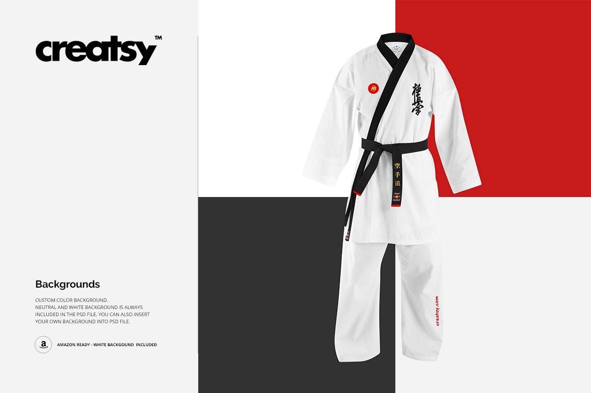 White karate kimono mockup with black belt, shown from the front on a split background of red, black, and white.