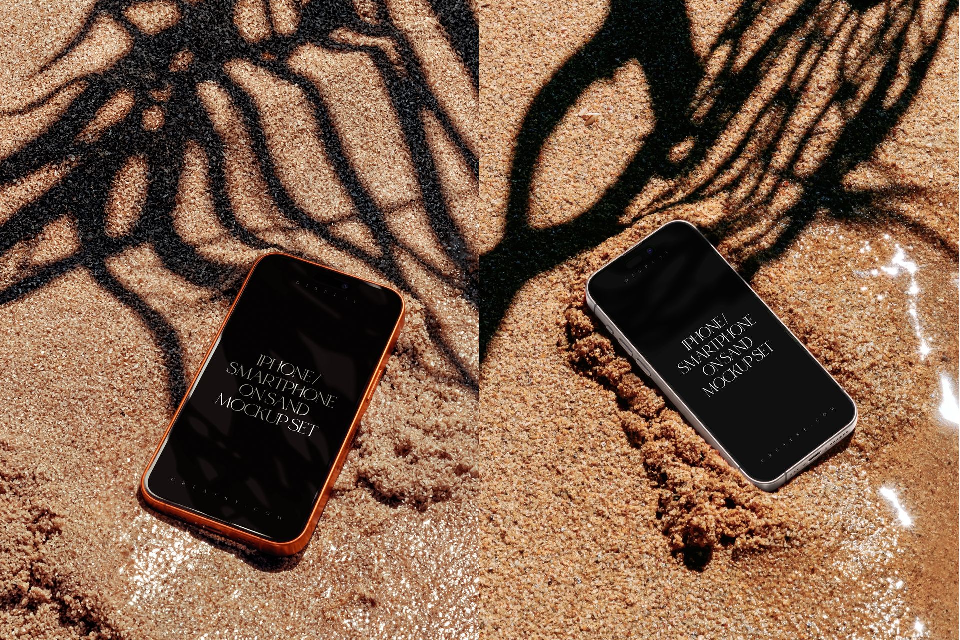 Two iPhone smartphones lying on sandy beach with shadow patterns, shown from a top view in a mockup scene.