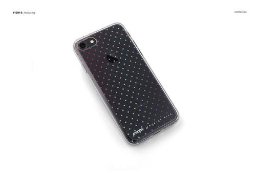 iPhone 7 clear case mockup featuring a transparent cover with multicolored dots, displayed at a slight angle.