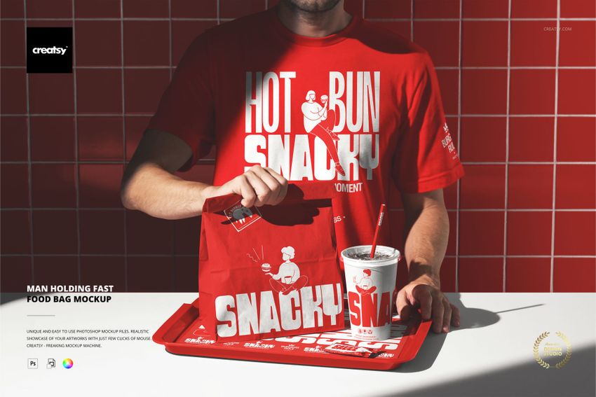 Man Holding Fast Food Bag Mockup - mockup screenshot 1