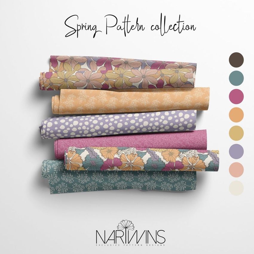 Fabric rolls mockup showing six patterned fabric rolls arranged horizontally on a white background with color swatches.