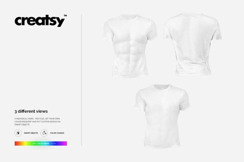White t-shirt mockup displayed on a muscular male torso, shown from front and back views on a plain white background.