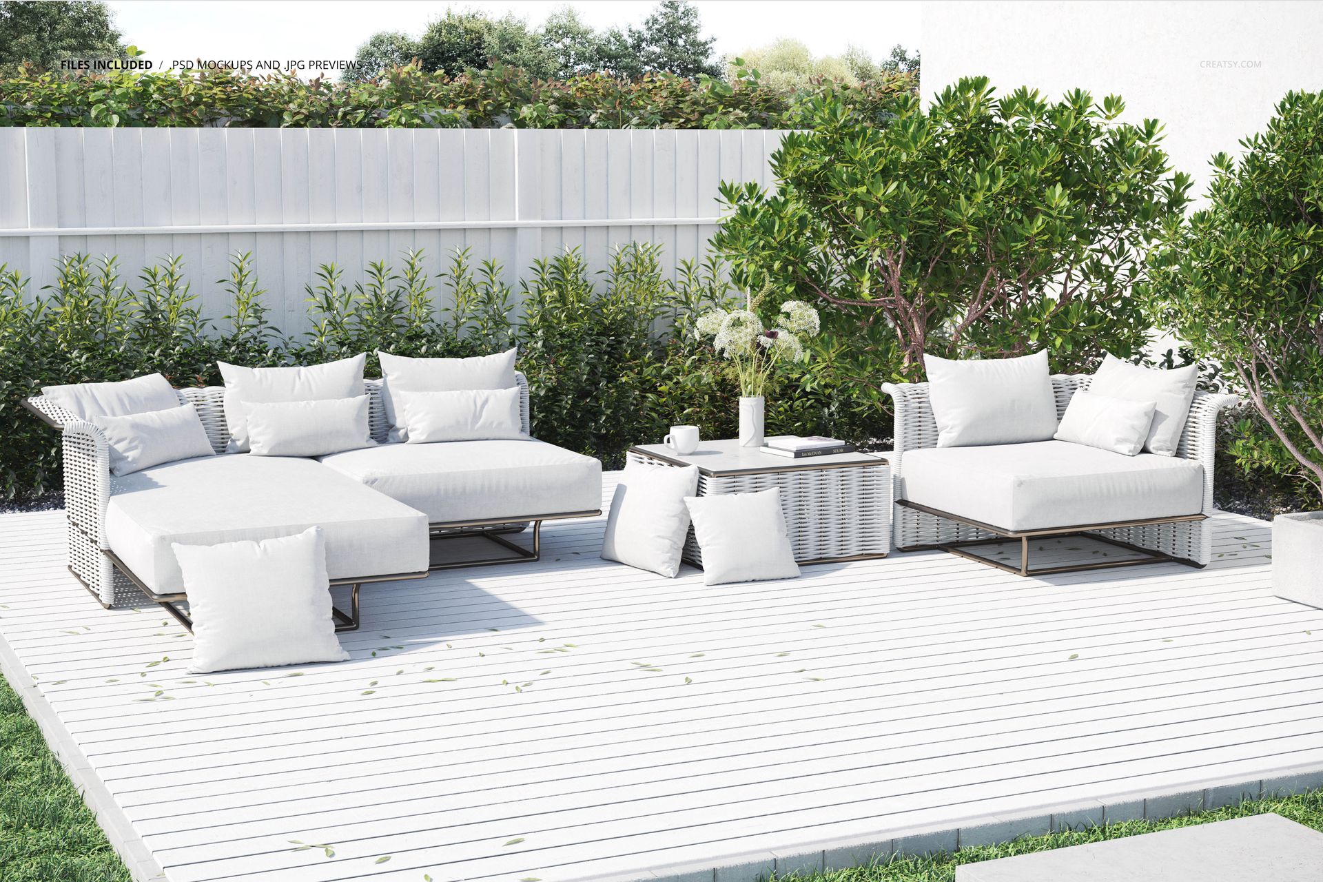 PSD mockup of wicker garden furniture featuring white cushions and pillows in a bright, sunlit outdoor setting.