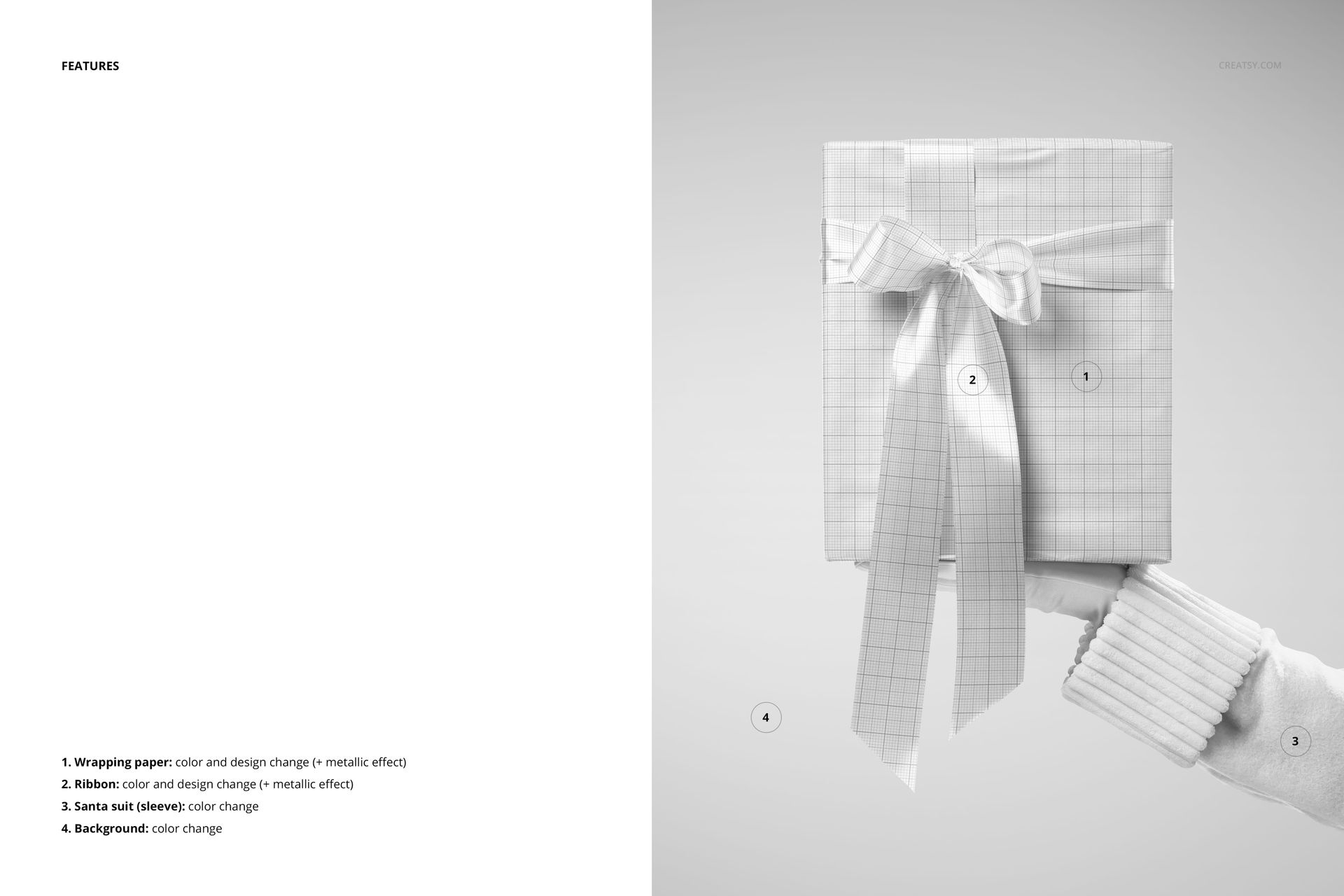 Close-up of a rectangular present with grid-patterned wrapping and a bow, held by Santa's white-gloved hand in a mockup scene.