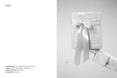 Close-up of a rectangular present with grid-patterned wrapping and a bow, held by Santa's white-gloved hand in a mockup scene.