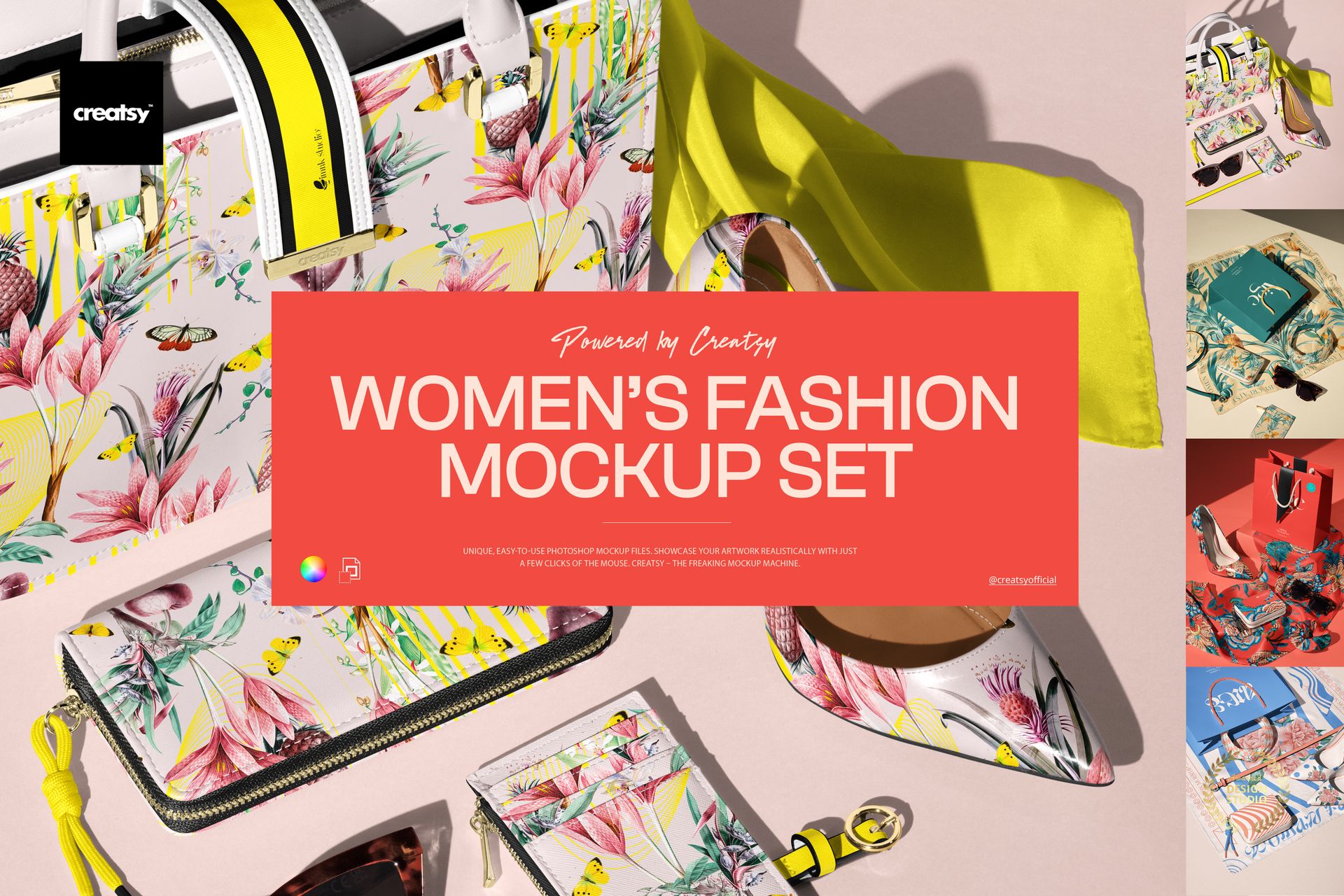 Front view of women’s fashion accessories including floral handbags, wallets, scarf, sunglasses, and belts in a mockup scene.