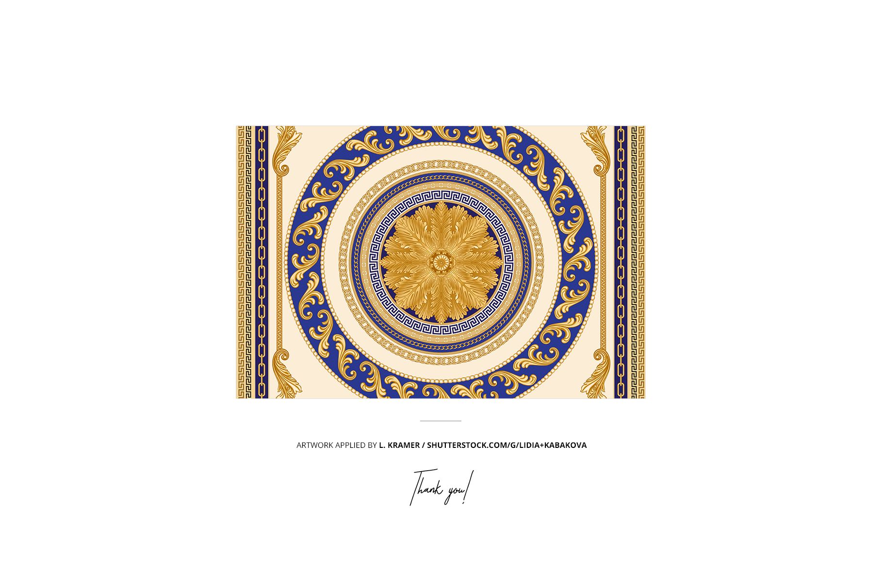 Rectangular satin scarf mockup with an ornate gold and blue circular pattern, displayed on a white background.
