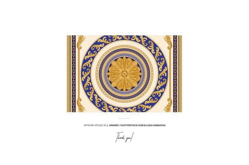Rectangular satin scarf mockup with an ornate gold and blue circular pattern, displayed on a white background.