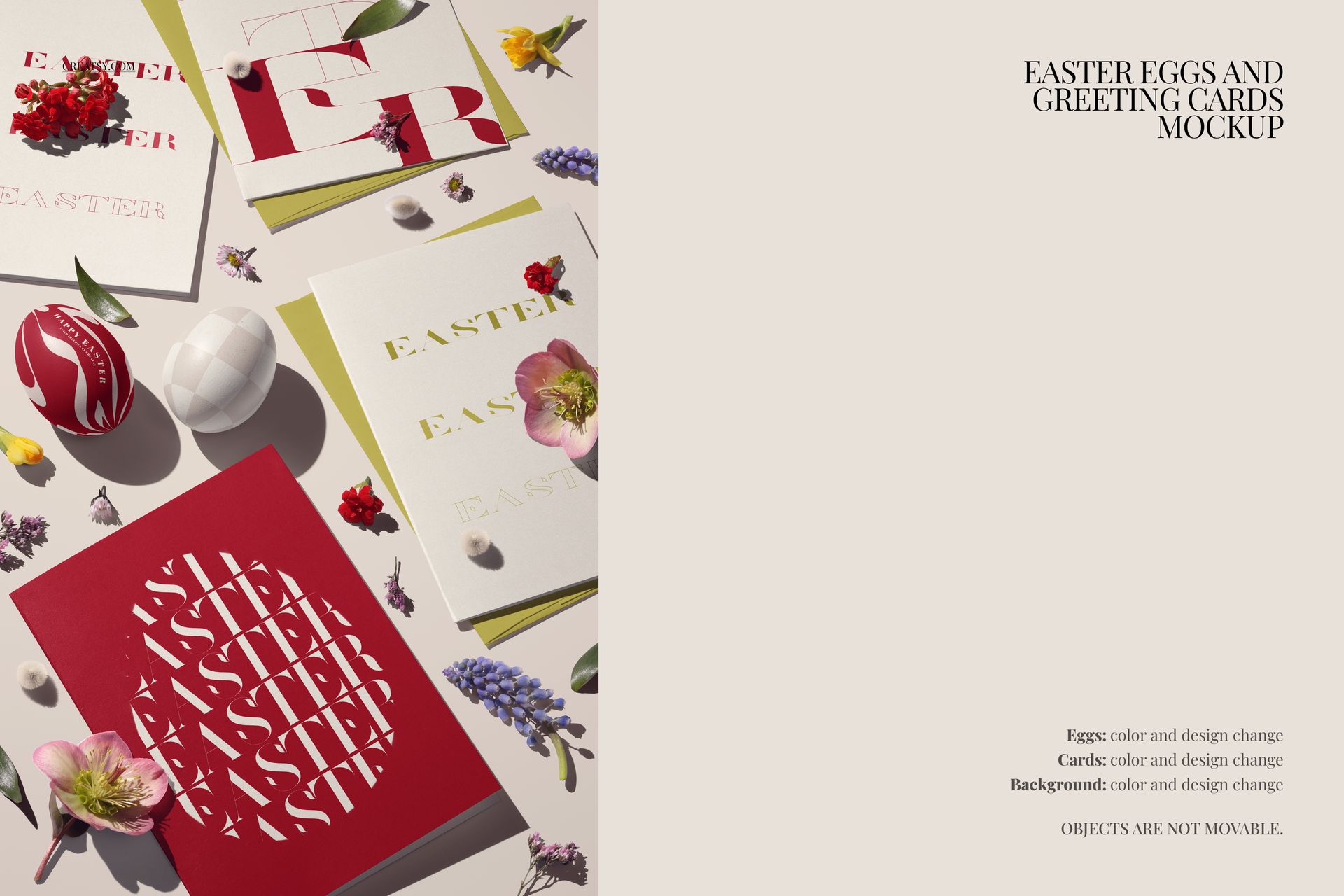 Easter PSD mockup featuring greeting cards, painted eggs, and assorted flowers in a flat lay composition.