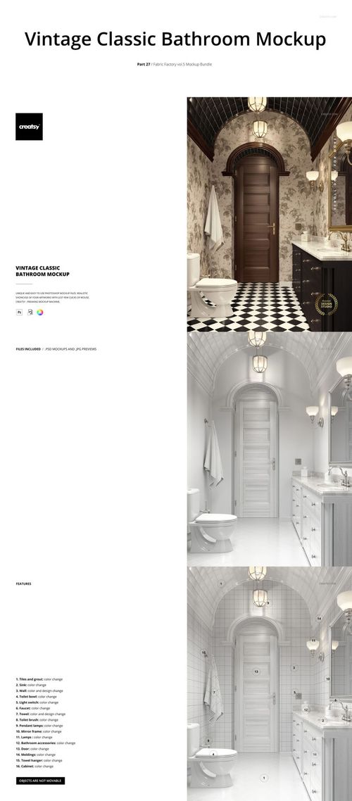 Bathroom mockup featuring a vintage-style interior with patterned wallpaper, black and white tile floor, and classic fixtures.