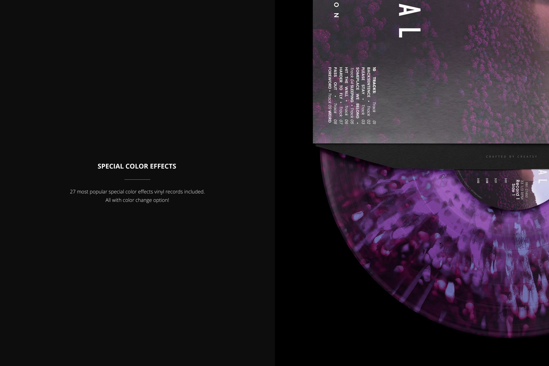 PSD mockup showing a colored vinyl record with abstract purple and white design, partially under a dark sleeve.