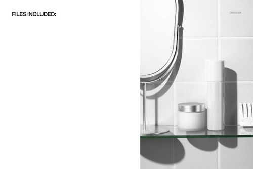 PSD mockup showing skincare products on a glass shelf next to a round mirror in a clean, minimalist bathroom.