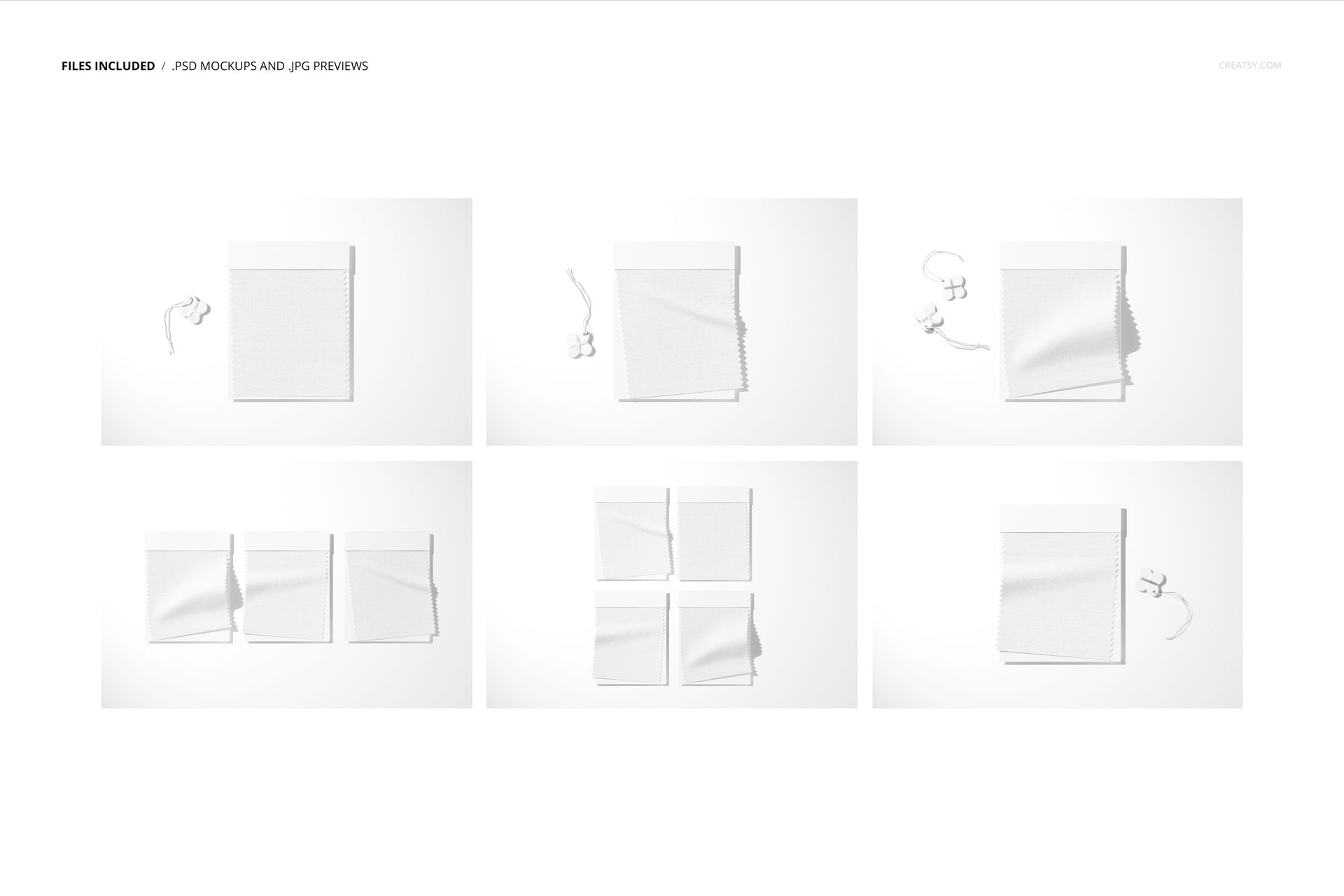 Fabric swatches mockup set featuring various square samples with subtle shadows and thread winders on a white surface.